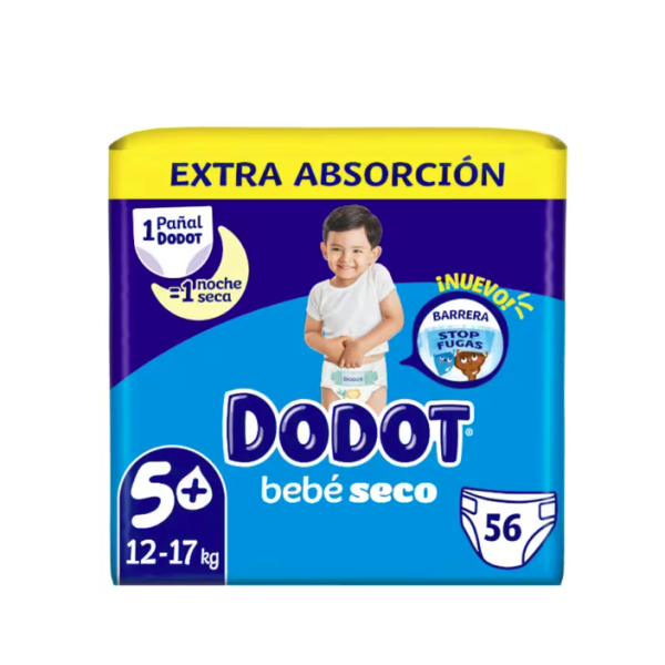 Pañales Dodot Bebé Seco Talla 5+ (12-17 Kg) - 56 Unidades