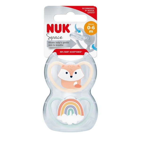 CHUPETE SILICONA NUK SPACE 0  6 MESES 2 UNIDADES ZORRO ROSA